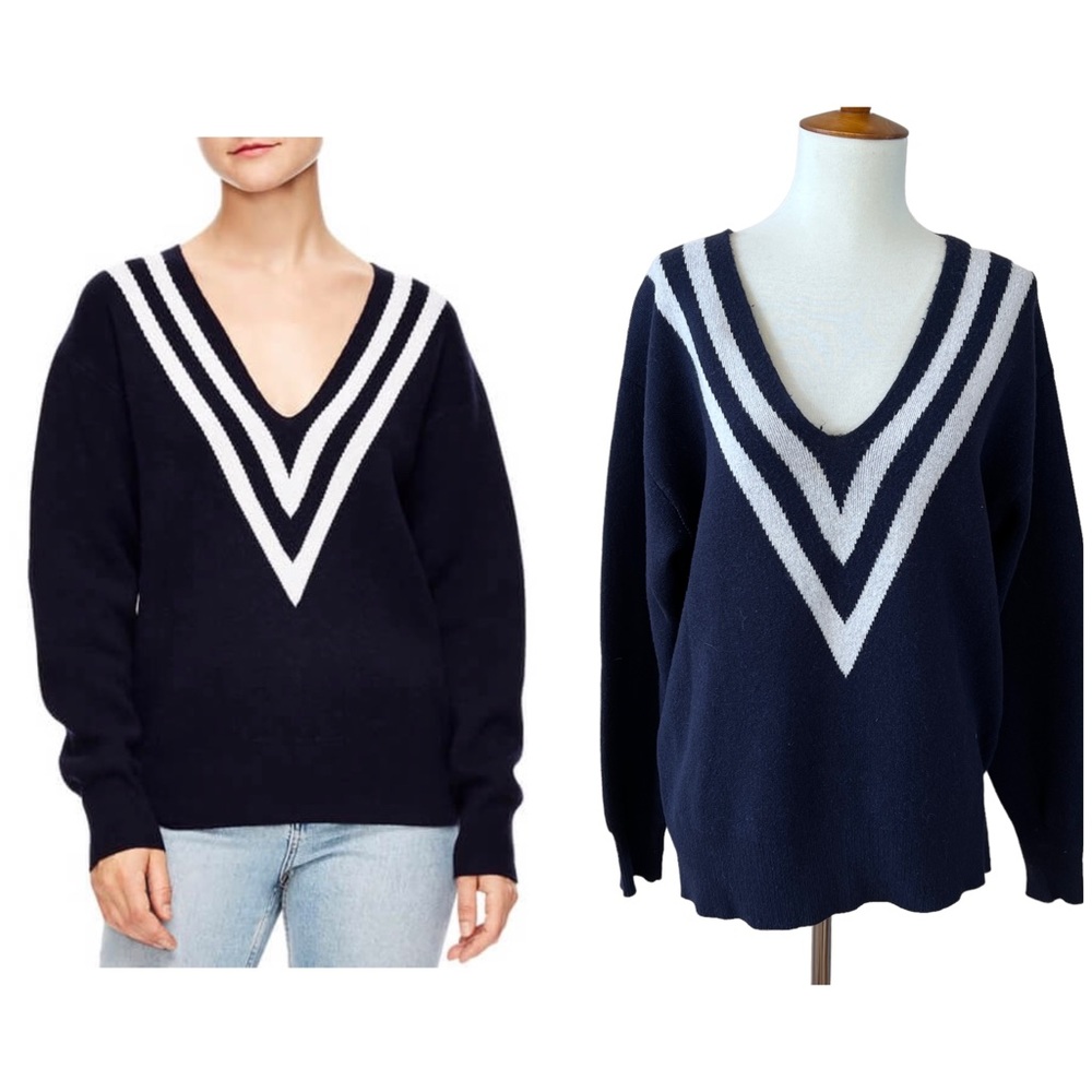 SANDRO PARIS SWEATER WOOL CASHMERE BLD V-NECK VARSITY OVERSIZE STRIPE PREPPY S